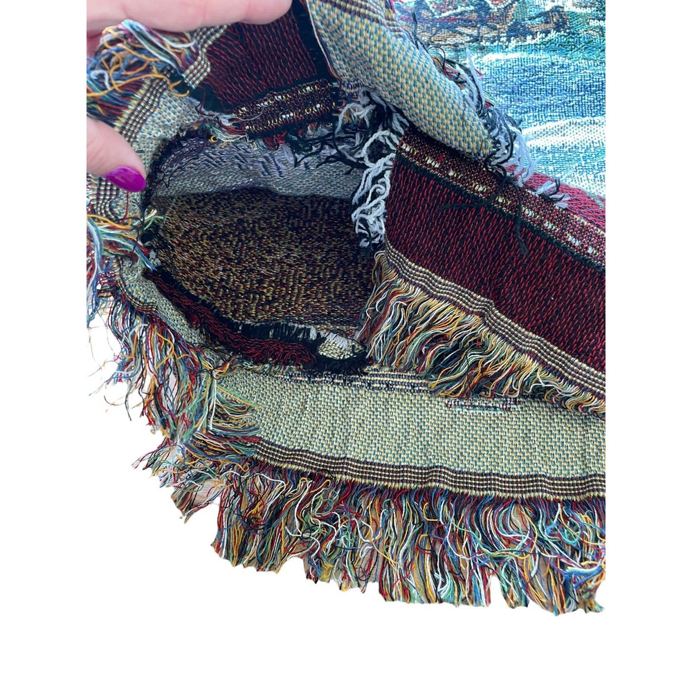 *Tapestry Pillow Case Church Horse Sleigh Snow Bells Trees Fringe Town Jacquard - Picture 5 of 8